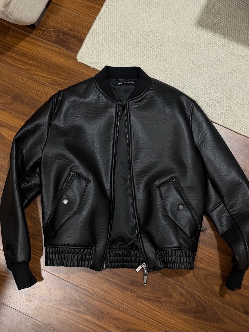 Zara Black Faux Leather Bomber Jacket
